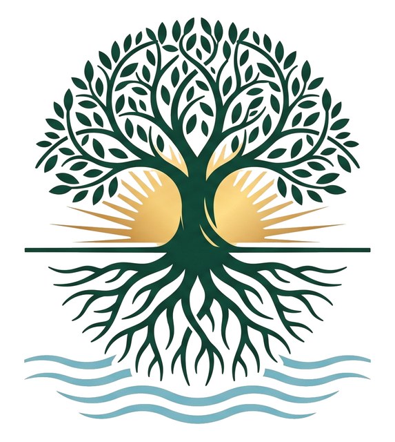 Árbol de la longevidad de Monteluz: copa y raíces reflejadas, luz dorada al centro y agua bajo las raíces