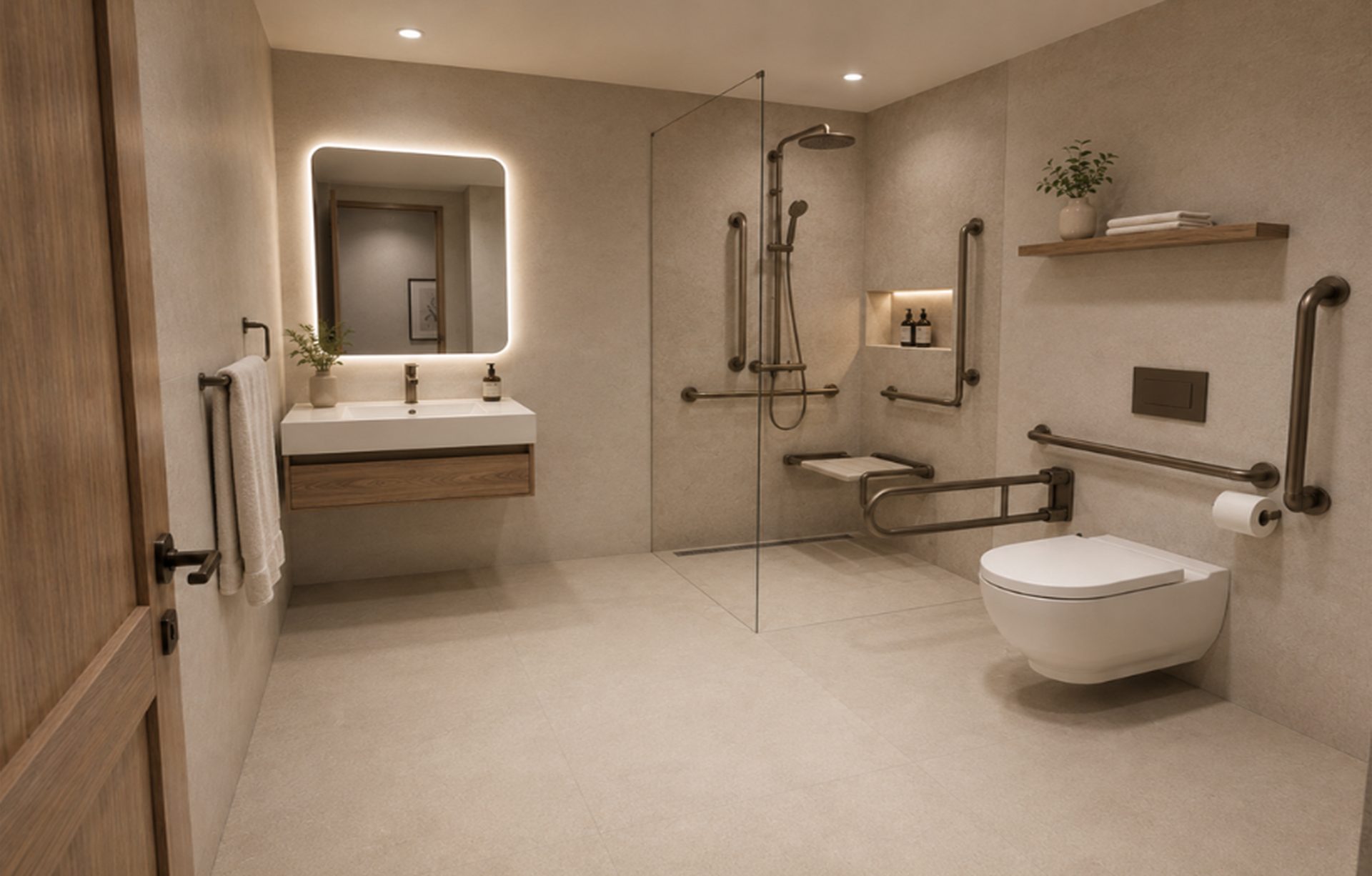 Baño accesible de villa Monteluz con barras de apoyo y regadera sin escalón