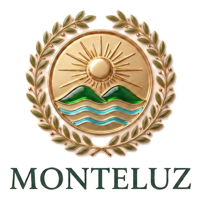Sello de Monteluz: el sol naciendo sobre el monte y el agua, coronado por olivo