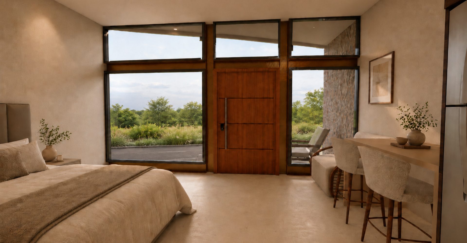Interior de una villa Monteluz: recámara con fachada de cristal y puerta de madera