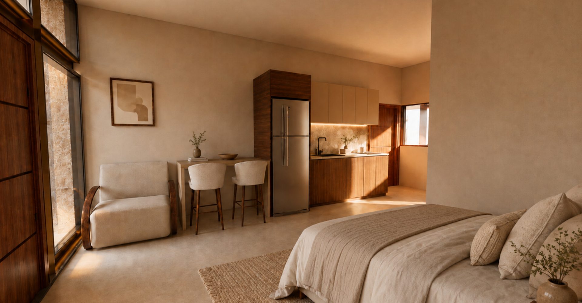 Sala con cocineta de una villa Monteluz, luz natural y madera cálida